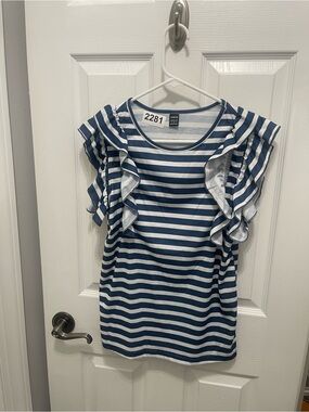 SHEIN Blue & White Striped Ruffle Sleeve Top